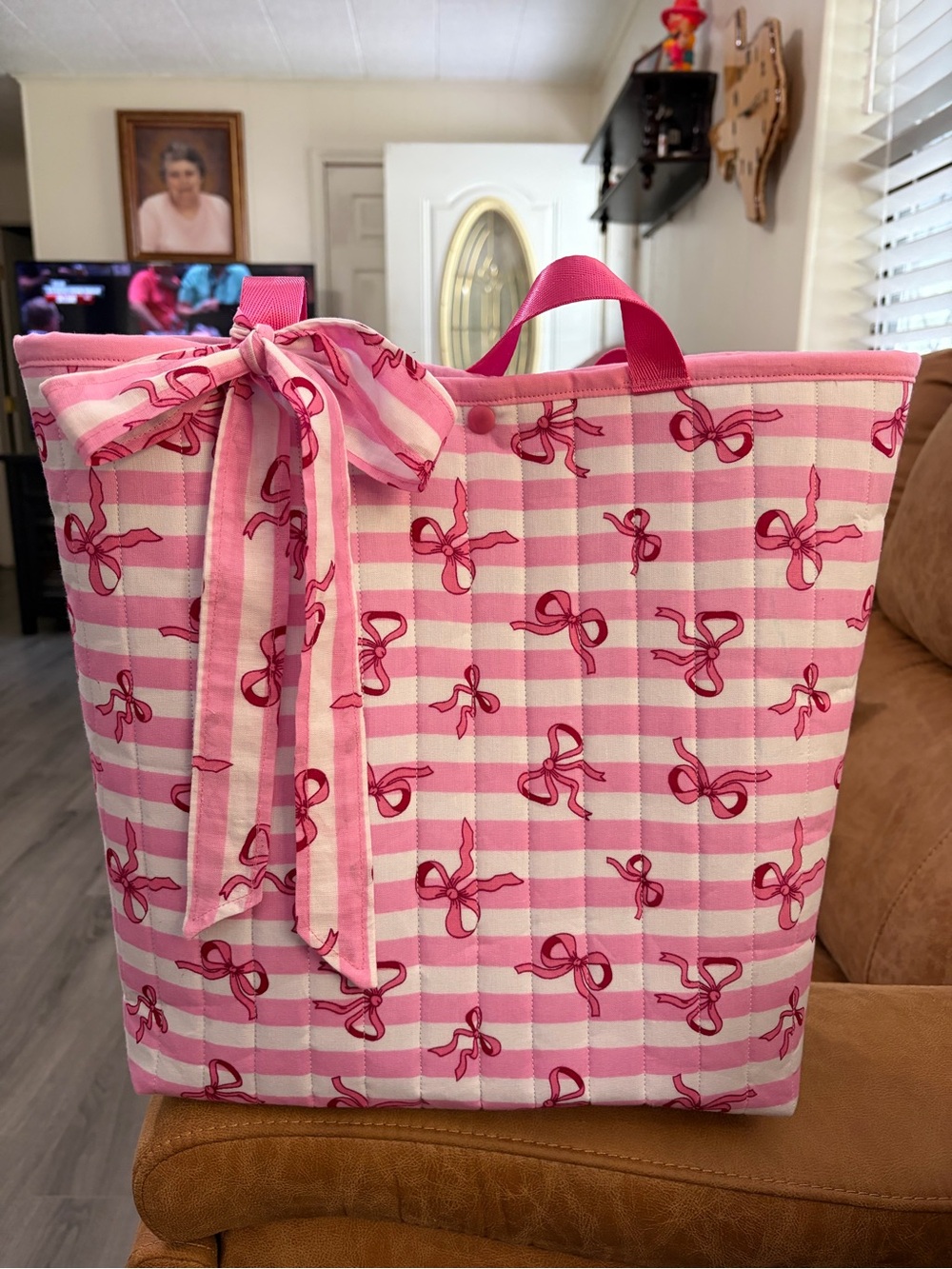 Pink Plaid Tote with Bow Accent